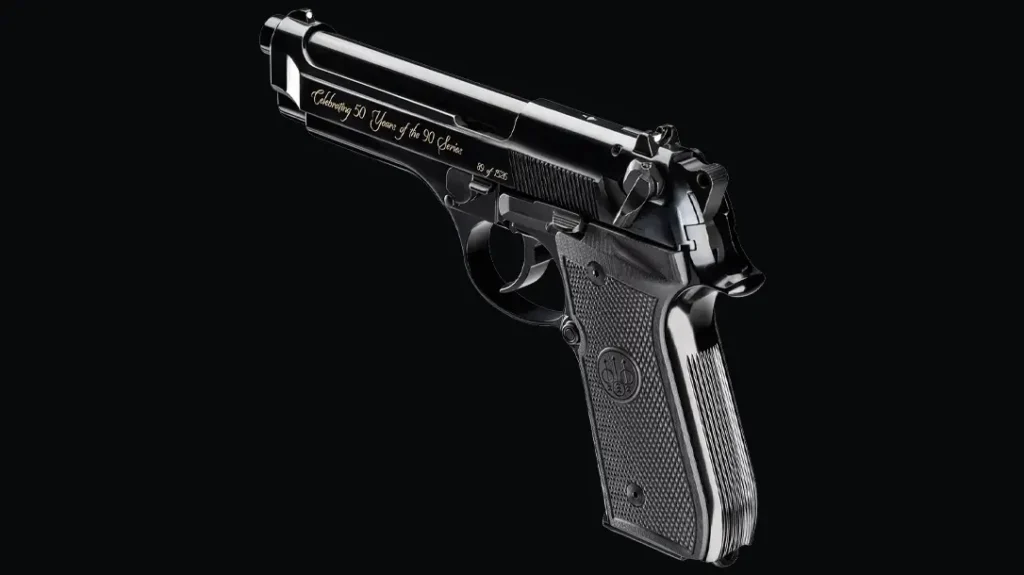 The Beretta 92SB Reproduction includes custom engraving.