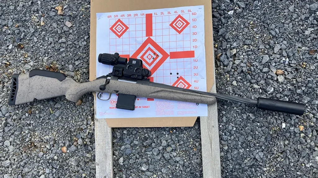 Three round groups at 50 yards were in the .75-inch range with the EO Tech combo.  Group size remained consistent with or without suppressor attached.  
